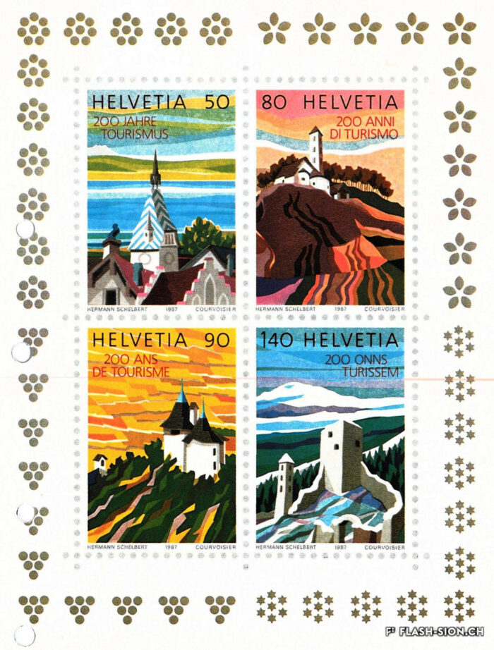 La ville de Sion, plus précisément la Tour des Sorciers, est choisie pour représenter la Suisse romande sur les timbres émis en 1987 pour les 200 ans du tourisme, Archives de la Ville de Sion