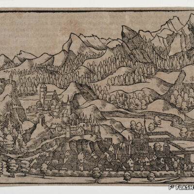 Vue de la ville dans son extension à la fin du Moyen Âge, gravure sur bois de Johannes Stumpf, 1547 © Musées cantonaux du Valais, Sion, Jean-Yves Glassey