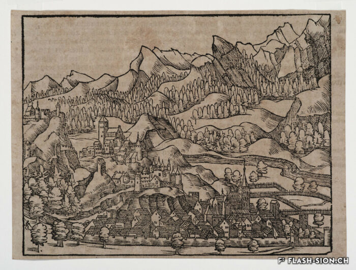 Vue de la ville dans son extension à la fin du Moyen Âge, gravure sur bois de Johannes Stumpf, 1547 © Musées cantonaux du Valais, Sion, Jean-Yves Glassey