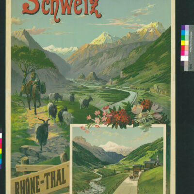 « Schweiz », la première affiche touristique représentant le Valais et Sion, réalisée par l’artiste parisien Hugo d’Alési, pour la compagnie ferroviaire Jura-Simplon, vers 1895, Médiathèque Valais-Sion © DR