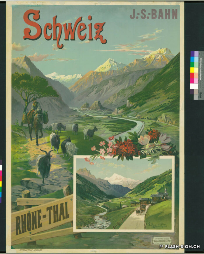 « Schweiz », la première affiche touristique représentant le Valais et Sion, réalisée par l’artiste parisien Hugo d’Alési, pour la compagnie ferroviaire Jura-Simplon, vers 1895, Médiathèque Valais-Sion © DR