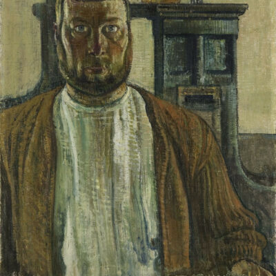 Edouard Vallet, « Autoportrait à la presse II », 1916, huile sur toile, Musée d'art du Valais, Sion, BA 2908, dépôt de l'Hoirie Edouard Vallet © Musées cantonaux du Valais, Sion, Michel Martinez