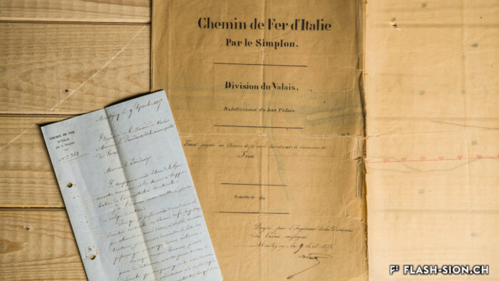 Tracé de la ligne de chemin de fer projeté sur le territoire de la commune de Sion et correspondance de la compagnie du Chemin de fer d’Italie, 9 septembre 1857 © Archives de la Ville de Sion, Pentamedia