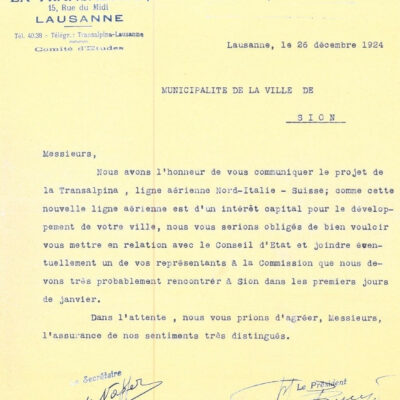 « La Transalpina » convoque les autorités communales afin d’obtenir leur soutien pour le projet de nouvelle ligne aérienne en relation avec le réseau européen, avec escales à Sion, 26 décembre 1924, Archives de la Ville de Sion