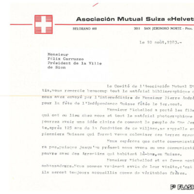 L’association Mutual Suiza « Helvetia » remercie Félix Carruzzo, président de la Ville de Sion, pour le matériel qui leur a été envoyé pour la fête nationale suisse, 1983, Archives de la Ville de Sion