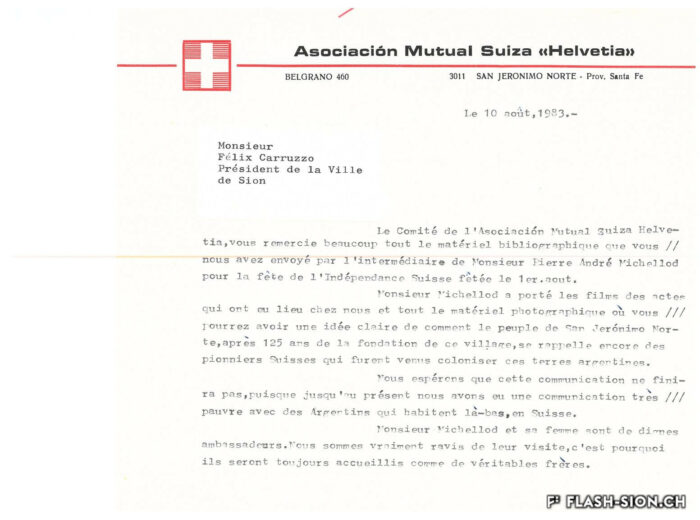 L’association Mutual Suiza « Helvetia » remercie Félix Carruzzo, président de la Ville de Sion, pour le matériel qui leur a été envoyé pour la fête nationale suisse, 1983, Archives de la Ville de Sion