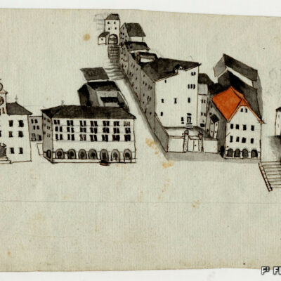 Dessin de Hôtel de Ville, de l’auberge du Lion d’Or et de ses écuries, 1825-1830, AEV, Joseph de Lavallaz Suppl., P 143/4