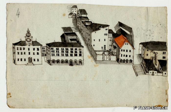 Dessin de Hôtel de Ville, de l’auberge du Lion d’Or et de ses écuries, 1825-1830, AEV, Joseph de Lavallaz Suppl., P 143/4