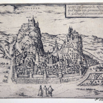 Vue de la ville fortifiée depuis l’ouest. Entre Valère et Tourbillon on devine la Porte de Covent, gravure de Franz Hogenberg et de Simon van der Neuwel, 1572 © Musées cantonaux du Valais, Sion, Robert Hofer