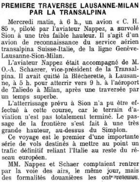 Le 1er juillet 1925, « la Transalpina » effectue sa première traversée Lausanne-Milan, Journal et Feuille d’Avis du Valais et de Sion, 04.07.1925