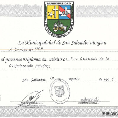 Diplôme envoyé par la Municipalité de San Salvador à la Commune de Sion pour les 700 ans de la Confédération, 01.08.1991, Archives de la Ville de Sion