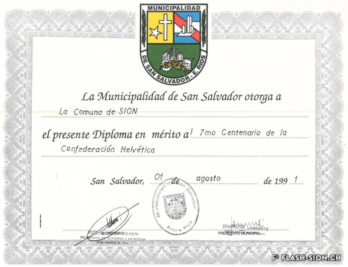 Diplôme envoyé par la Municipalité de San Salvador à la Commune de Sion pour les 700 ans de la Confédération, 01.08.1991, Archives de la Ville de Sion