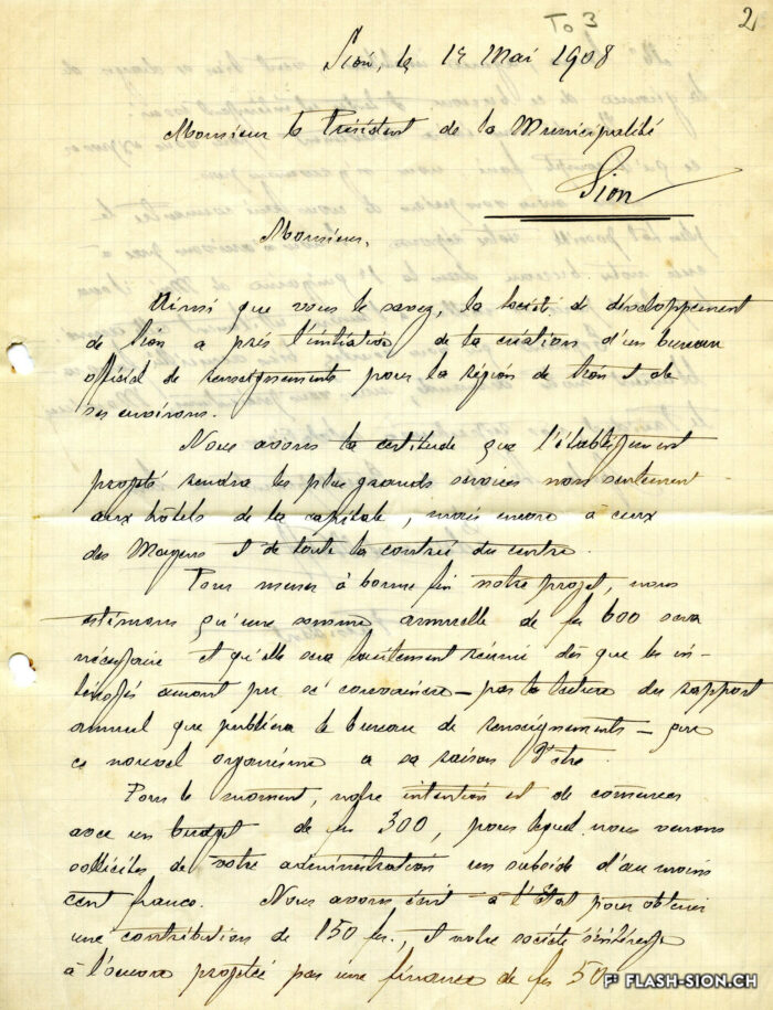 En 1908, la Société de Développement de Sion prend l’initiative de créer un bureau de renseignement pour la région de Sion et de ses environs, Archives de la Ville de Sion, fonds Office du tourisme