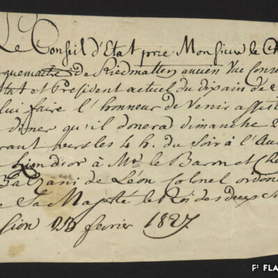 Invitation à un dîner à l’auberge du Lion d’Or en l’honneur du général Balzani, colonel ordinateur du roi des deux Siciles, 1827, AEV, Xavier de Riedmatten, P 899
