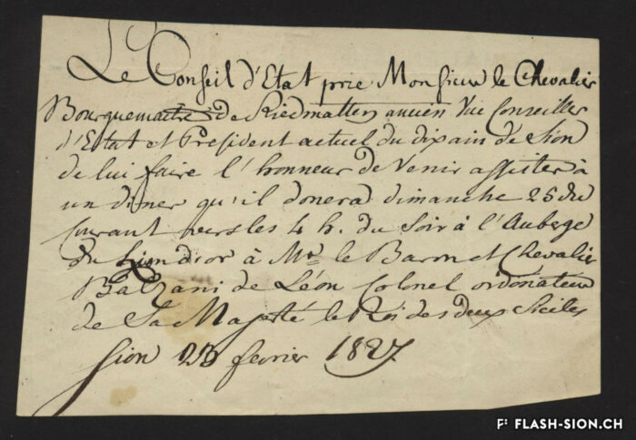 Invitation à un dîner à l’auberge du Lion d’Or en l’honneur du général Balzani, colonel ordinateur du roi des deux Siciles, 1827, AEV, Xavier de Riedmatten, P 899