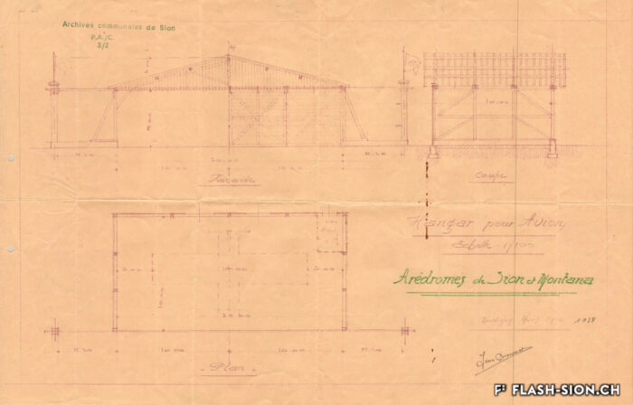 Projet de hangar pour avion, aérodromes de Sion et Montana, Jean Broccard, mars 1928, Archives de la Ville de Sion