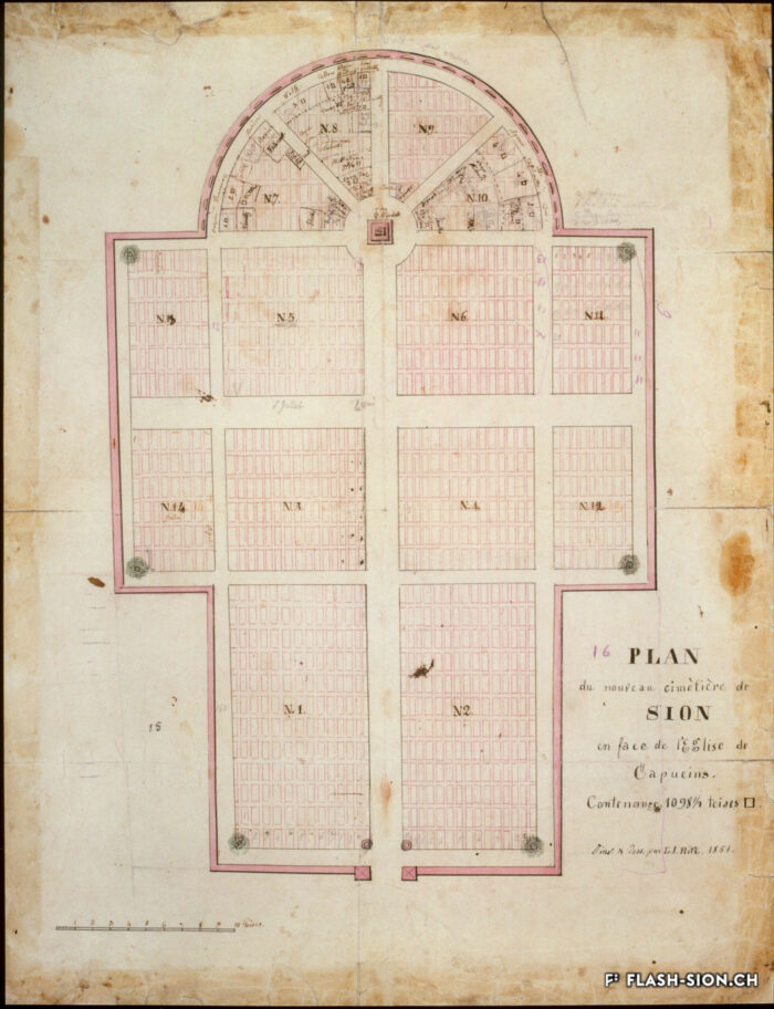 Lorenz Justin Ritz dessine en 1851 le plan du cimetière Saint-François, dont il fut inspecteur durant de nombreuses années, Archives de la Ville de Sion