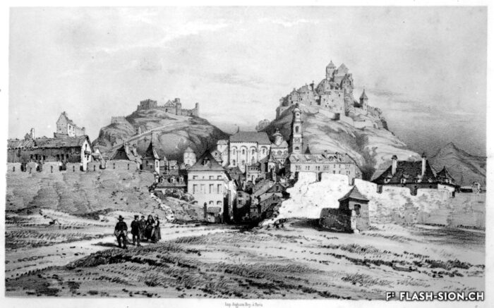 Démolition des remparts pour l’ouverture de la rue de Lausanne, lithographie, Théodore du Moncel, 1838, Musées cantonaux du Valais, Sion, reproduction Archives de la Ville de Sion