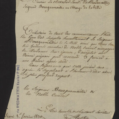 Muston, aubergiste du Lion d’Or, invite le bourgmestre et les conseillers, 1830, AEV, Xavier de Riedmatten, P 948