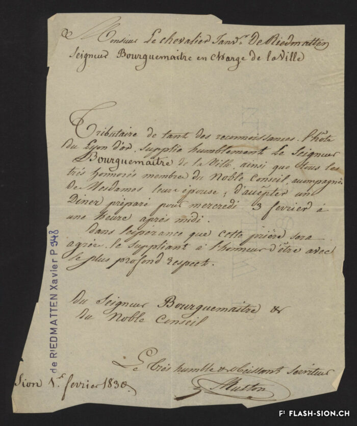 Muston, aubergiste du Lion d’Or, invite le bourgmestre et les conseillers, 1830, AEV, Xavier de Riedmatten, P 948