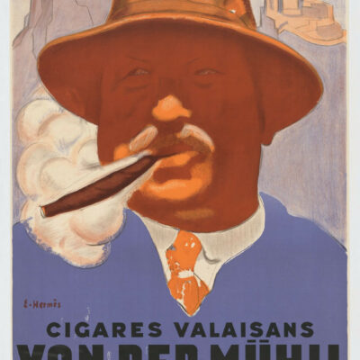 Affiche commerciale pour les cigares valaisans Von der Mühll produits à Sion, avec Tourbillon et Valère en arrière-plan, dessin d’Erich Hermès, 1935, Médiathèque Valais-Sion © DR