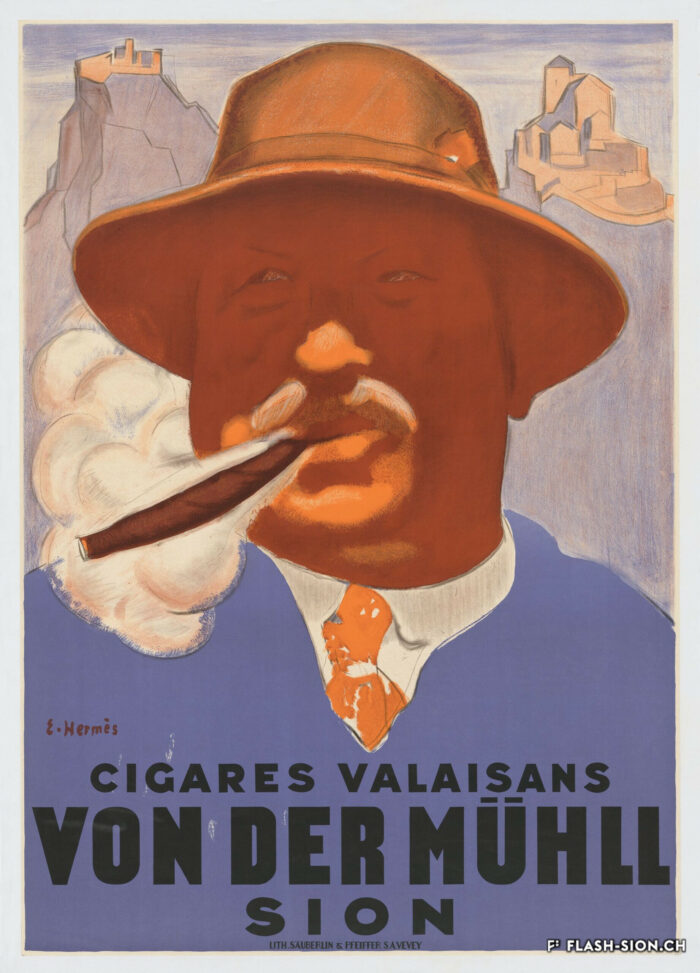 Affiche commerciale pour les cigares valaisans Von der Mühll produits à Sion, avec Tourbillon et Valère en arrière-plan, dessin d’Erich Hermès, 1935, Médiathèque Valais-Sion © DR