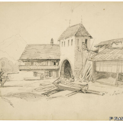 La Porte Neuve est percée dans le rempart au sud de la ville pour permettre l’évacuation de gravas lors d’intempéries. Raphael Ritz, crayon, aquarelle sur papier, vers 1850, Musée d’art du Valais, Sion, BA 1950 © Musées cantonaux du Valais, Sion, Michel Martinez