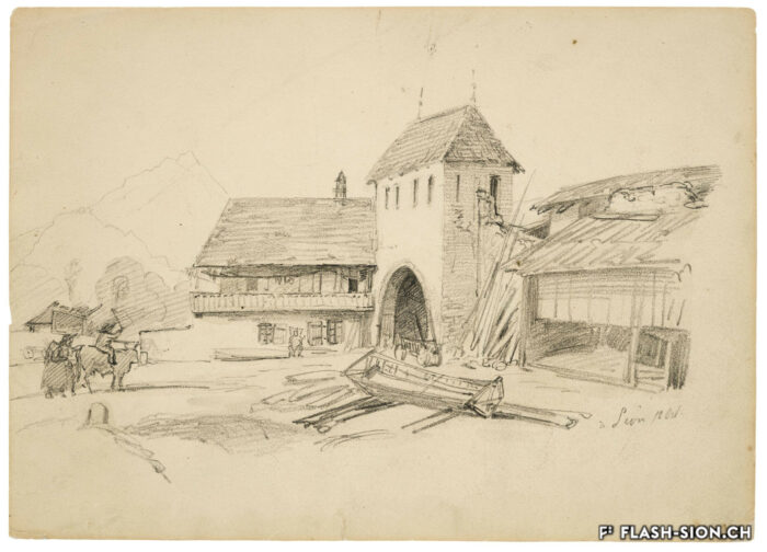 La Porte Neuve est percée dans le rempart au sud de la ville pour permettre l’évacuation de gravas lors d’intempéries. Raphael Ritz, crayon, aquarelle sur papier, vers 1850, Musée d’art du Valais, Sion, BA 1950 © Musées cantonaux du Valais, Sion, Michel Martinez