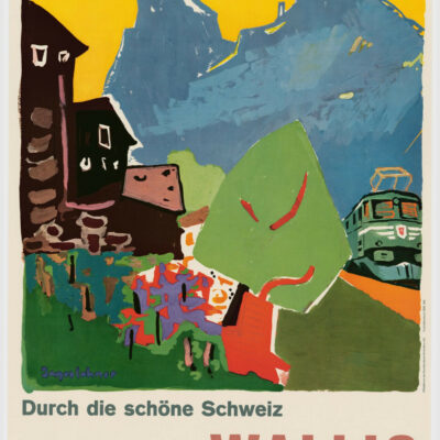 Affiche publicitaire pour les CFF, où l’on voit notamment le profil caractéristique des châteaux de Sion, par Hans Jegerlehner, 1960, Service de publicité des Chemins de fer fédéraux, Médiathèque Valais-Sion © DR