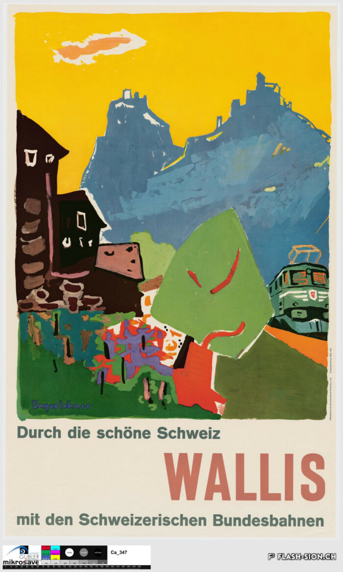 Affiche publicitaire pour les CFF, où l’on voit notamment le profil caractéristique des châteaux de Sion, par Hans Jegerlehner, 1960, Service de publicité des Chemins de fer fédéraux, Médiathèque Valais-Sion © DR