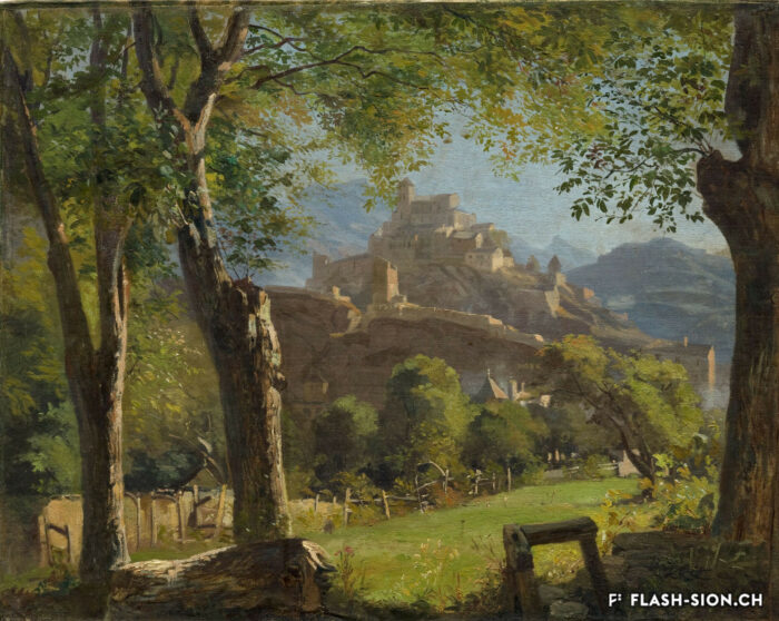 Raphael Ritz, « Vue de l'église de Valère sur Sion », 1861, huile sur toile marouflée sur toile, Musée d’art du Valais, Sion, BA 463 © Musées cantonaux du Valais, Sion, Michel Martinez