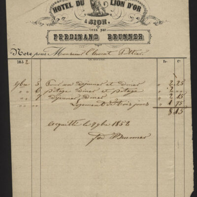 En activité dès la fin du 17e siècle, le Lion d’Or devient hôtel dans le courant du 19e siècle. Note de l’hôtel du Lion d’Or, tenu par Ferdinand Brunner, 1852, AEV, Paul de Rivaz, P40