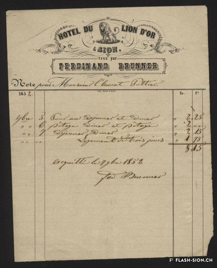 En activité dès la fin du 17e siècle, le Lion d’Or devient hôtel dans le courant du 19e siècle. Note de l’hôtel du Lion d’Or, tenu par Ferdinand Brunner, 1852, AEV, Paul de Rivaz, P40