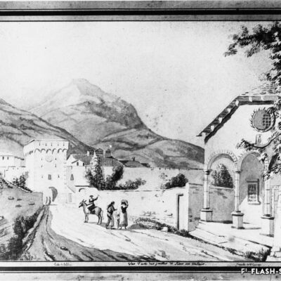 Vue du nord sur « la chapelle de St-Georges et la porte de Loèche à Sion », anonyme, encre au lavis et à la plume sur papier, vers 1810, Musée d’art du Valais, Sion, BA D 204, reproduction Archives de la Ville de Sion