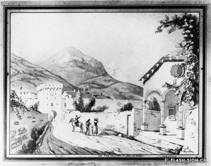 Vue du nord sur « la chapelle de St-Georges et la porte de Loèche à Sion », anonyme, encre au lavis et à la plume sur papier, vers 1810, Musée d’art du Valais, Sion, BA D 204, reproduction Archives de la Ville de Sion