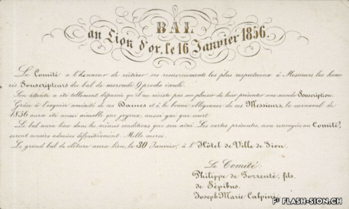 Invitation à un bal au Lion d’Or, 1856, AEV, Hoirie Calpini, 348