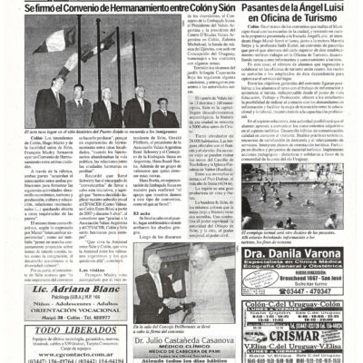 Article paru dans El Observador, le 8 novembre 2006, suite à la signature d’une convention de jumelage entre Sion et Colón, Archives de la Ville de Sion
