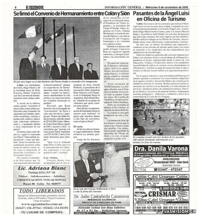 Article paru dans El Observador, le 8 novembre 2006, suite à la signature d’une convention de jumelage entre Sion et Colón, Archives de la Ville de Sion