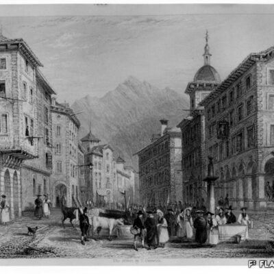 Le Grand-Pont et l’auberge du Lion d’Or avec ses arcades encore ouvertes, 1834, « Rue à Sion », William Henry Bartlett, Musée d’histoire du Valais, Sion, GR622 ©Musées cantonaux du Valais, Sion. Heinz Preisig