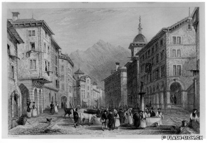 Le Grand-Pont et l’auberge du Lion d’Or avec ses arcades encore ouvertes, 1834, « Rue à Sion », William Henry Bartlett, Musée d’histoire du Valais, Sion, GR622 ©Musées cantonaux du Valais, Sion. Heinz Preisig