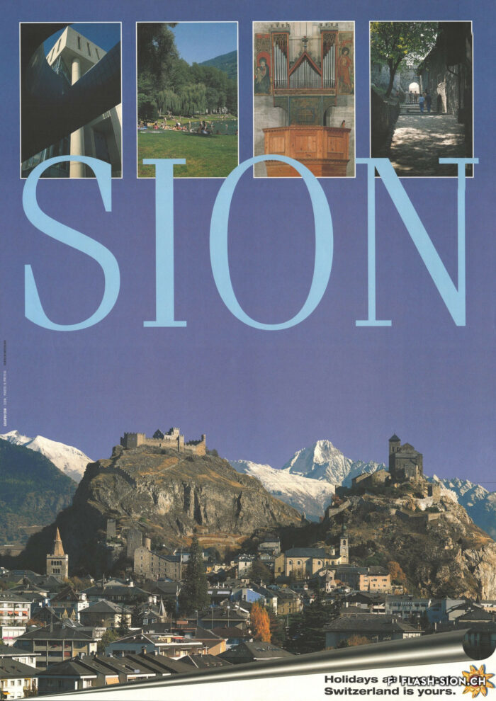 Affiche touristique pour Sion, Graphicom, photographie Heinz Preisig, vers 1996, Archives de la Ville de Sion