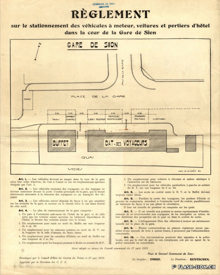 « Règlement sur le stationnement des véhicules à moteur, voitures et portiers d’hôtel dans la cour de la gare », affichage public, 1933, Archives de la Ville de Sion