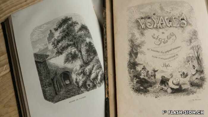 Les récits de voyages, une autre forme de guides. Gravures des « Voyages » et « Nouveaux voyages en zigzag » de R. Töpffer, éditions 1855 et 1870 (3ème éd.), Archives de la Ville de Sion © Archives de la Ville de Sion, Pentamedia
