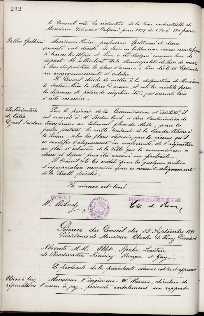 La Municipalité apporte son soutien logistique et financier à l’expérience scientifique, séances du Conseil municipal du 19 août et 13 septembre 1898, Archives de la Ville de Sion