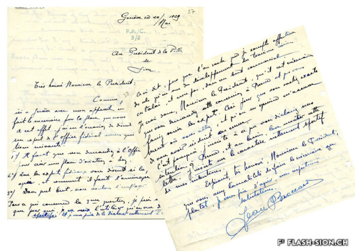 Jean Broccard demande au président de la Ville de Sion d’entreprendre des démarches auprès de Berne pour la future place d’aviation, 20 mai 1929, Archives de la Ville de Sion