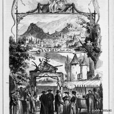 Exposition agricole organisé par la société sédunoise d’agriculture fondée en 1868, gravure de G. Roux, 1871, Archives de la Ville de Sion