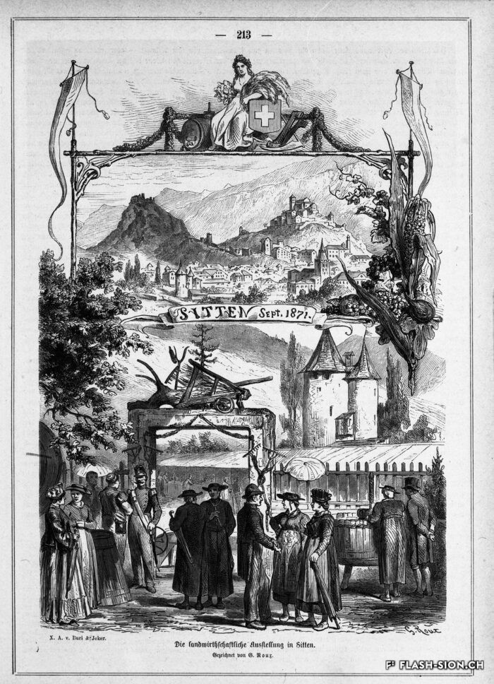 Exposition agricole organisé par la société sédunoise d’agriculture fondée en 1868, gravure de G. Roux, 1871, Archives de la Ville de Sion