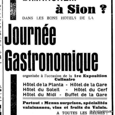 Annonce pour la journée gastronomique du 17 novembre 1935 à l’occasion de la première exposition culinaire du Valais à Sion, Le Confédéré, 15 novembre 1935