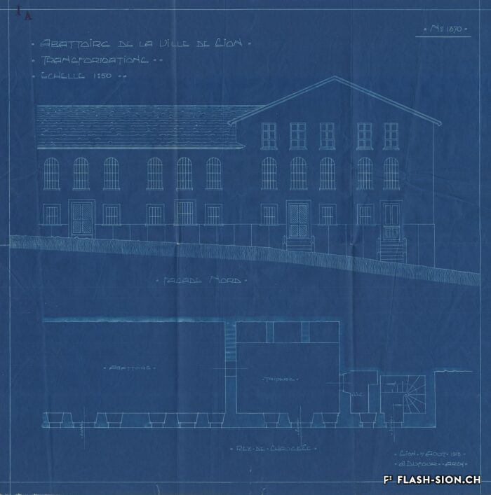 Des transformations sont apportées aux abattoirs pour ne pas devoir en construire de nouveaux, J. Dufour, architecte, 1913, Archives de la Ville de Sion