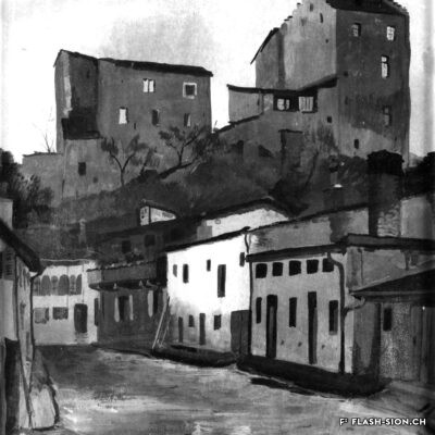 Peinture de Charles Menge représentant les abattoirs du quartier de la Majorie, 1952, provenance Edmond Imhoff © B. Dubuis, reproduction Archives de la Ville de Sion